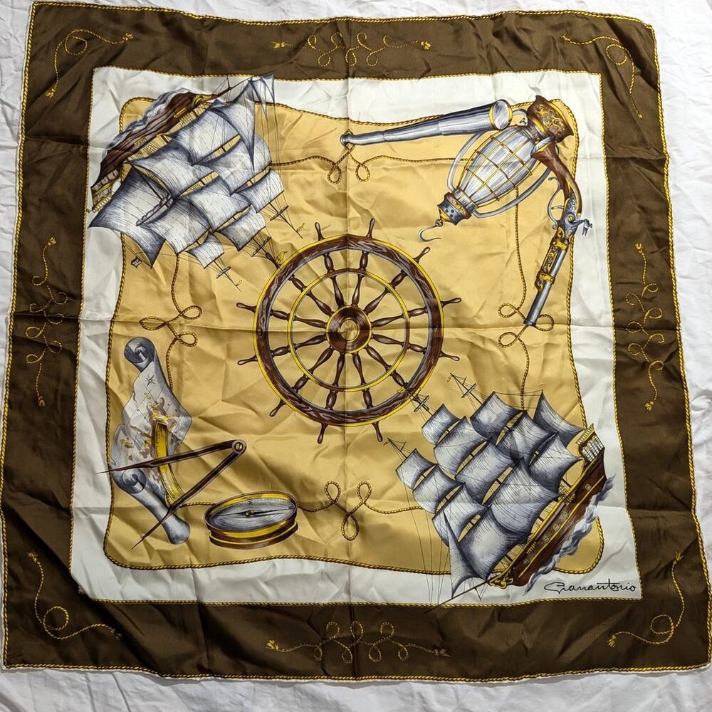 Gianantonio Silk Scarf Vintage Made in Italy Boats Ship Nautical Lantern Compass